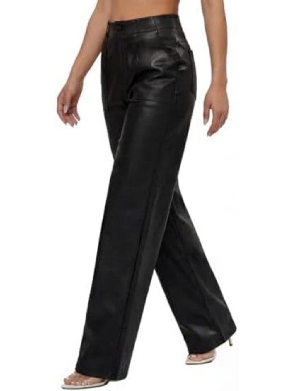 Trendy High Waisted Faux Leather Pants for Women | Coated PU Straight Leg Black - Picture 4 of 6